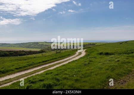 Una vista sui campi nel Sussex rurale, guardando verso la costa Foto Stock