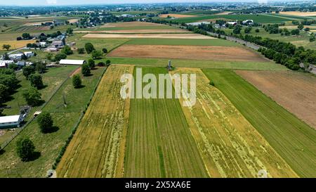 Un'ampia ripresa aerea che cattura i diversi mosaici di lussureggianti terreni agricoli, tra cui vivaci campi verdi e appezzamenti raccolti di recente. Questa vista include anche un villaggio rurale con fattorie e strade che si intrecciano attraverso il paesaggio agricolo. Foto Stock