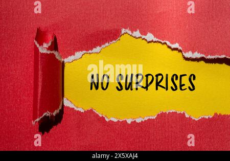 Nessuna sorpresa parole scritte su carta rossa strappata con sfondo giallo. Concetto concettuale senza sorprese. Copia spazio. Foto Stock