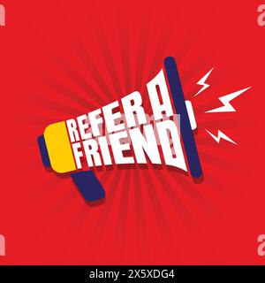 Design del logo segnala un amico con un vettore megafono su sfondo rosso. Concetto creativo del programma di riferimento per la promozione e la pubblicità aziendale. fare riferimento a. Illustrazione Vettoriale