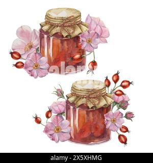 Set di marmellate di rosa fatte in casa in vaso di vetro con coperchio in tessuto e fiocco in corda. Pancake, ripieno di ciambelle tradizionale frutta austriaca tedesca svizzera conserva acquerello per la stampa, etichette e imballaggi Foto Stock