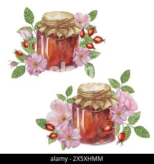 Set di marmellate di rosa fatte in casa in vaso di vetro con coperchio in tessuto e fiocco in corda. Pancake, ripieno di ciambelle tradizionale frutta austriaca tedesca svizzera conserva acquerello per la stampa, etichette e imballaggi Foto Stock