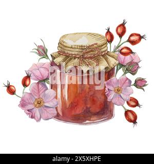 Marmellata di rosa all'anca in vaso di vetro con coperchio in tela e fiocco di corda a spago. Illustrazione tedesca dell'acquerello della gelatina di frutta per la stampa, l'imballaggio alimentare, le etichette, le cartoline, gli adesivi, scrapbooking Foto Stock