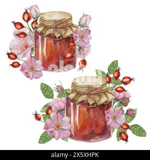 Set di marmellate di rosa fatte in casa in vaso di vetro con coperchio in tessuto e fiocco in corda. Pancake, ripieno di ciambelle tradizionale frutta austriaca tedesca svizzera conserva acquerello per la stampa, etichette e imballaggi Foto Stock