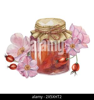 Marmellata di rosa all'anca in vaso di vetro con coperchio in tela, fiocco e fiori di rosa. Illustrazione acquerello della gelatina per la colazione ai frutti di rosa per la stampa, il confezionamento di alimenti, etichette, biglietti, adesivi, scrapbooking Foto Stock