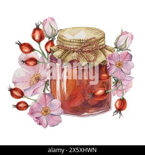 Marmellata di rosa all'anca in vaso di vetro con fiori rosa e frutti rossi. Illustrazione acquerello della gelatina per la colazione ai frutti di rosa per la stampa, il confezionamento di alimenti, etichette, biglietti, adesivi, scrapbooking Foto Stock