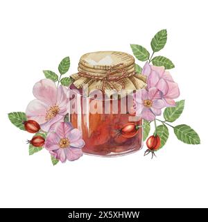 Marmellata di rosa all'anca in vaso di vetro con coperchio in tela e fiocco di corda. Confettura svizzera di bacche forestali con fiori rosa e foglie acquerello per la stampa, il confezionamento di alimenti, etichette, cartoline adesive, scrapbooking Foto Stock