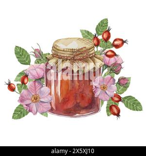 Marmellata di rosa all'anca in vaso di vetro con coperchio in tela e fiocco di corda a spago. Illustrazione tedesca dell'acquerello della gelatina di frutta per la stampa, l'imballaggio alimentare, le etichette, le cartoline, gli adesivi, scrapbooking Foto Stock