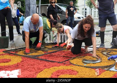 Caminha, Portogallo - 8 giugno 2023: Gruppo di artigiani locali che creano un "tappeto floreale" come parte della celebrazione religiosa annuale del Corpus Christi Foto Stock