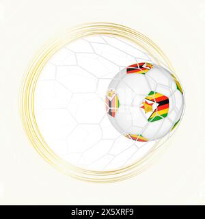 Emblema di calcio con palla da calcio con bandiera dello Zimbabwe in rete, segnando gol per lo Zimbabwe. Emblema vettoriale. Illustrazione Vettoriale