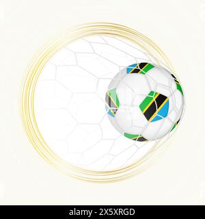 Emblema di calcio con palla da calcio con bandiera della Tanzania in rete, segnando gol per la Tanzania. Emblema vettoriale. Illustrazione Vettoriale