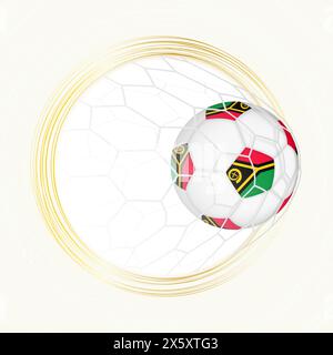 Emblema di calcio con palla da calcio con bandiera di Vanuatu in rete, segnando gol per Vanuatu. Emblema vettoriale. Illustrazione Vettoriale