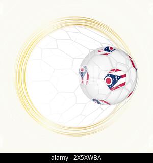 Emblema di calcio con palla da calcio con bandiera dell'Ohio in rete, segnando gol per l'Ohio. Emblema vettoriale. Illustrazione Vettoriale