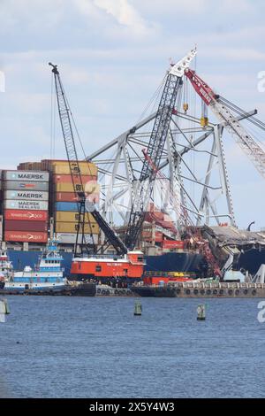 Baltimora, Maryland, Stati Uniti. 11 maggio 2024. Dali si prepara alla rimozione esplosiva dell'ultimo pezzo del Francis Scott Key Bridge domani a Baltimora, Maryland, l'11 maggio 2024. Crediti: Mpi34/Media Punch/Alamy Live News Foto Stock