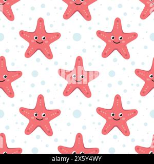 Cartoni animati carino personaggio delle stelle marine kawaii con bolle d'acqua motivo senza cuciture. Animale marino rosa vettoriale. Struttura per illustrazione oceanica e subacquea. Design piatto. Illustrazione vettoriale su sfondo bianco. Illustrazione Vettoriale