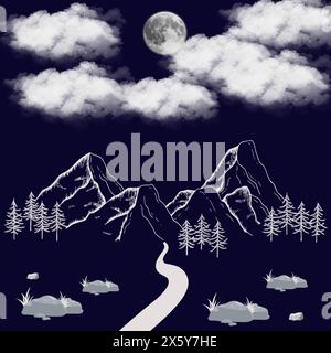 Disegno della luna, con nuvole, foresta e un sentiero verso le montagne Illustrazione Vettoriale