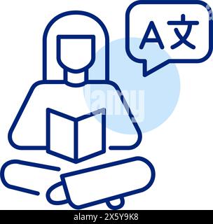 Donna che legge un libro con simboli linguistici bolla. Imparare le lingue attraverso libri di testo. Pixel Perfect, icona del vettore di traccia modificabile Illustrazione Vettoriale