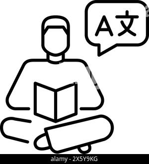 Uomo che legge un libro con simboli linguistici, bolla. Imparare le lingue attraverso libri di testo. Pixel Perfect, icona del vettore di traccia modificabile Illustrazione Vettoriale