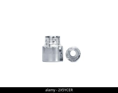 connettore femmina in acciaio cromato isolato Foto Stock