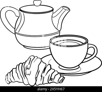 Set di illustrazioni grafiche colazione francese con croissant e tè Illustrazione Vettoriale