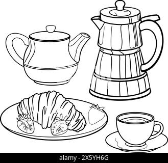 Set di illustrazioni grafiche colazione francese con croissant e fragole, caffè, tè Illustrazione Vettoriale