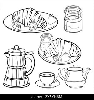 Set di illustrazioni grafiche colazione francese con croissant, caffè, tè, marmellata e fragole Illustrazione Vettoriale