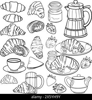 Set di illustrazioni grafiche colazione francese con croissant Illustrazione Vettoriale