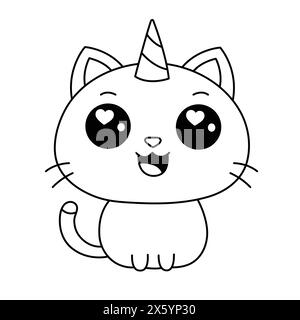 Kawaii Cat Unicorn Coloring Page. Design contorno Caticorn su sfondo bianco. Simpatica illustrazione vettoriale di Unicorn Cat Illustrazione Vettoriale