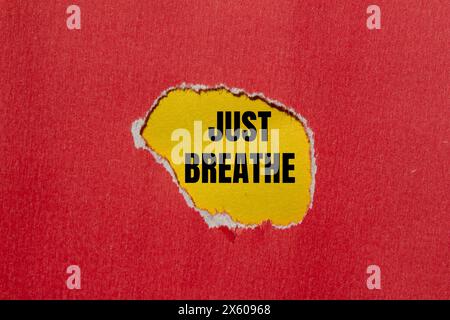 Basta respirare le parole scritte su carta rossa strappata con sfondo giallo. Il simbolo del respiro concettuale. Copia spazio. Foto Stock