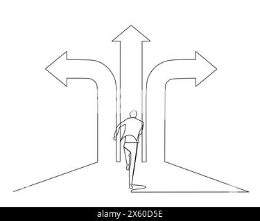 Linea singola continua che disegna un uomo d'affari che corre in 3 direzioni di freccia diverse. concetto di scelta nella carriera. Illustrazione vettoriale del progetto Illustrazione Vettoriale