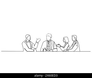 Disegno singolo continuo alcuni lavoratori forniscono input sul loro lavoro e i loro leader annotano l'input. Concetto di strategia di crescita aziendale. Illustrazione Vettoriale