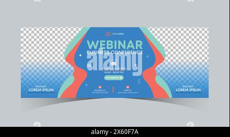 Banner Web del corso aziendale online per webinar: Blu scuro, verde, arancione con sfondo a forma di linea a strisce e design del modello di copertina dei social media Illustrazione Vettoriale