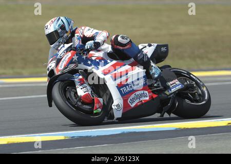 Raul Fernandez di Spagna #25 e Trackhouse Racing (Aprilia) in azione durante la gara MotoGP Tissot Sprint (13 giri) del Gran Premio Michelin di Francia 2024 di MotoGP sul circuito Bugatti l'11 maggio, a le Mans, in Francia Foto Stock