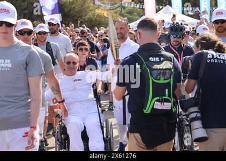 Cassis, Francia. 12 maggio 2024. Sylvain Rostaing/le Pictorium - staffetta torcia olimpica a Cassis e Port Miou - 12/05/2024 - Francia/Provence-Alpes-Cote d'Azur/Cassis - i relè torcia olimpica nelle vicinanze di Cassis. 12 maggio 2024. Crediti: LE PICTORIUM/Alamy Live News Foto Stock