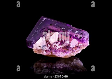 Viola e giallo Fluorite con fotografia di calcite bianca isolata su sfondo nero. Dagli Stati Uniti. dettagli macro primo piano grezzo semi-prec non lucidato Foto Stock