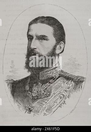 Carol i di Romania (1839-1914). Principe tedesco eletto Domnitor o Principe di Romania (1866-1881) e Re (1881-1914). Comandò personalmente le truppe rumene nella guerra russo-turca (1877-1878). Ritratto come principe. Incisione. "La Guerra de Oriente" (la guerra russo-turca). Volume I. 1877. Foto Stock