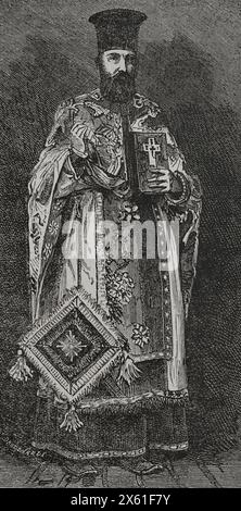 Giuseppe i di Bulgaria (Lazar Yovchev) (1840-1915). Archimandrita o Exarca della Chiesa ortodossa bulgara (1877-1915). Verticale. Incisione. "La Guerra de Oriente" (la guerra russo-turca). Volume I. 1877. Foto Stock