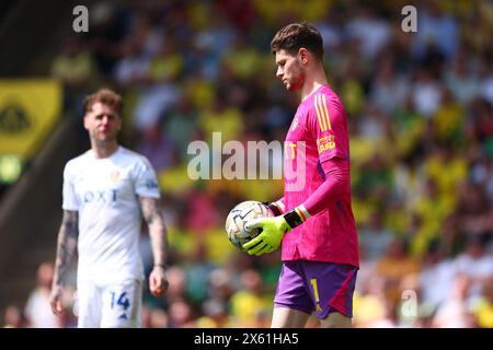 Carrow Road, Norwich, Norfolk, Regno Unito. 12 maggio 2024. Partite del campionato EFL, semifinali, First Leg, Norwich City contro Leeds United; Illan Meslier di Leeds United Credit: Action Plus Sports/Alamy Live News Foto Stock