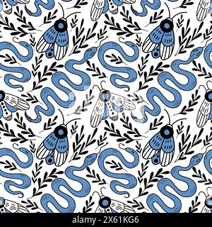 Witch-craft con motivo senza cuciture. Sfondo mistico disegnato a mano. Moth, serpenti, ramoscelli e foglie in stile boho. Astrologia simboli occulti. Illustrazione Vettoriale