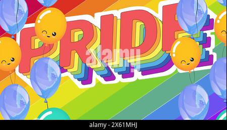 Immagine di testo Pride e bollature su sfondo arcobaleno Foto Stock