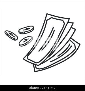 Illustrazione di banconote e monete disegnate a mano. Le monete volanti e le banconote di carta fanno bambole. Concetto di simbolo finanziario. Elemento schizzo cartoni animati cash Illustrazione Vettoriale