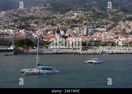 Giro turistico in catamarano nel porto di Funchal sull'isola di Madeira. Foto Stock