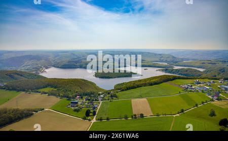 Luftbild, Rursee mit Insel Eichert, Staumauer Rurtalsperre Schwammenauel und Rursee-Schifffahrt mit Segelbooten, vorne die Wohnsiedlung Scheidbaum, Waldgebiet Hügel und Täler mit Fernsicht, Nationalpark Eifel, Schmidt, Nideggen, Nordrhein-Westfalen, Deutschland ACHTUNGxMINDESTHONORARx60xEURO *** Vista aerea, Rursee con isola Eichert, parete della diga Rurtalsperre Schwammenauel e Rursee navigazione con barche a vela, di fronte al complesso residenziale Scheidbaum, colline forestali e vallate con vista distante, Parco Nazionale Eifel, Schmidt, Nideggen, Renania settentrionale-Vestfalia, Germania ATTENTIONxMINDESTHONORA Foto Stock