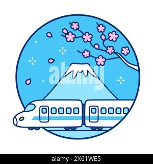 Treno ad alta velocità, monte Fuji e sakura fioriti, simboli del Giappone. Scarabocchio cartoni animati in semplice stile icona con linea piatta. Illustrazione vettoriale. Illustrazione Vettoriale