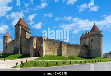 Castello di Blandy les Tours nel dipartimento della Senna e della Marna vicino a Parigi, Francia. Vista panoramica e ingresso principale. Foto Stock
