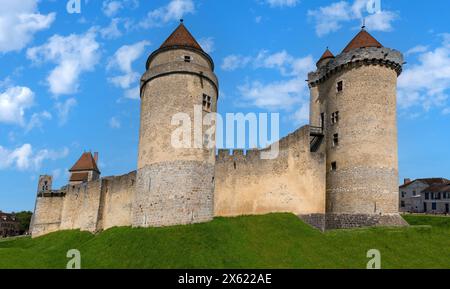 Castello di Blandy les Tours nel dipartimento della Senna e della Marna vicino a Parigi, Francia. Vista panoramica del castello. Foto Stock