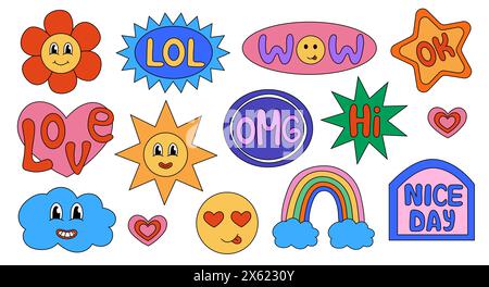 Collezione di cartoni animati con adesivi retrò alla moda. Divertenti illustrazioni di personaggi comici e set di patch per la firma di citazioni. Lol, bel giorno, OMG. Design vettoriale piatto. Illustrazione Vettoriale
