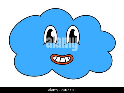 Retrò anni '70, anni '60, Hippie Groovy cute Blue Cloud anni '80. Faccia sorridente. Illustrazione vettoriale isolata su sfondo bianco. Illustrazione Vettoriale