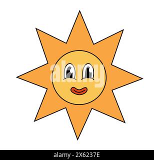 Retro Hippie Groovy Sun sorridente. Elemento estivo cartoni animati. Illustrazione vettoriale. Illustrazione Vettoriale