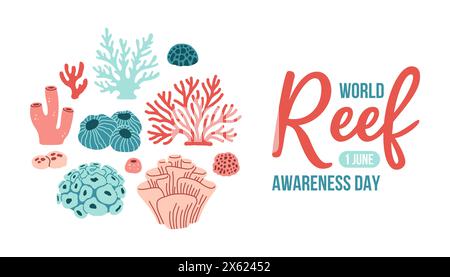 Modello di design per la giornata mondiale della consapevolezza della barriera corallina per festeggiare. Design vettoriale World Reef Day per banner, poster e cartoline Illustrazione Vettoriale